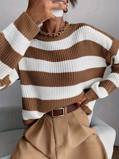 Suéter a Rayas Cómodo para Mujeres con Cuello Redondo, Manga Larga, Estilo Relajado y Oversized