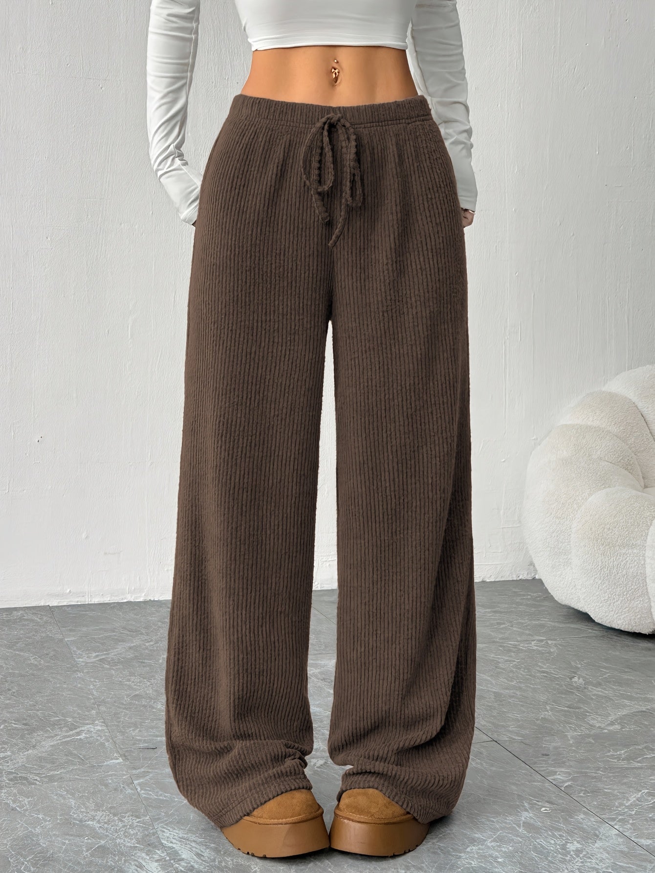 Pantalones Anchos de Punto Acanalado para Mujeres con Cintura Alta y Cuerda de Ajuste, Estilo Casual Relajado
