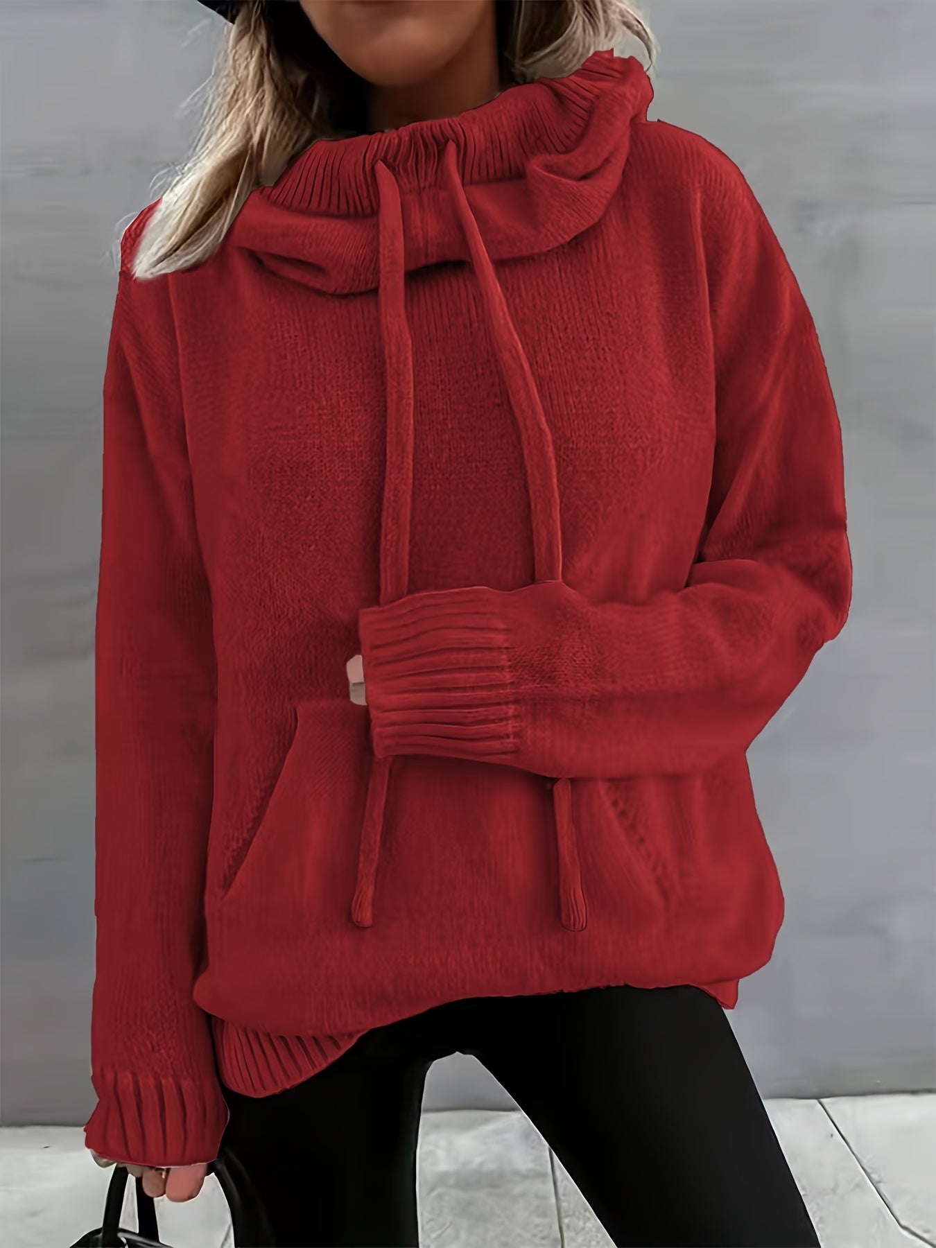 Suéter de punto cómodo para mujeres con cuello de capa, manga larga, cordón y estilo oversized