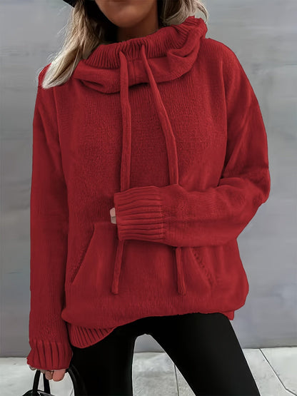 Suéter de punto cómodo para mujeres con cuello de capa, manga larga, cordón y estilo oversized