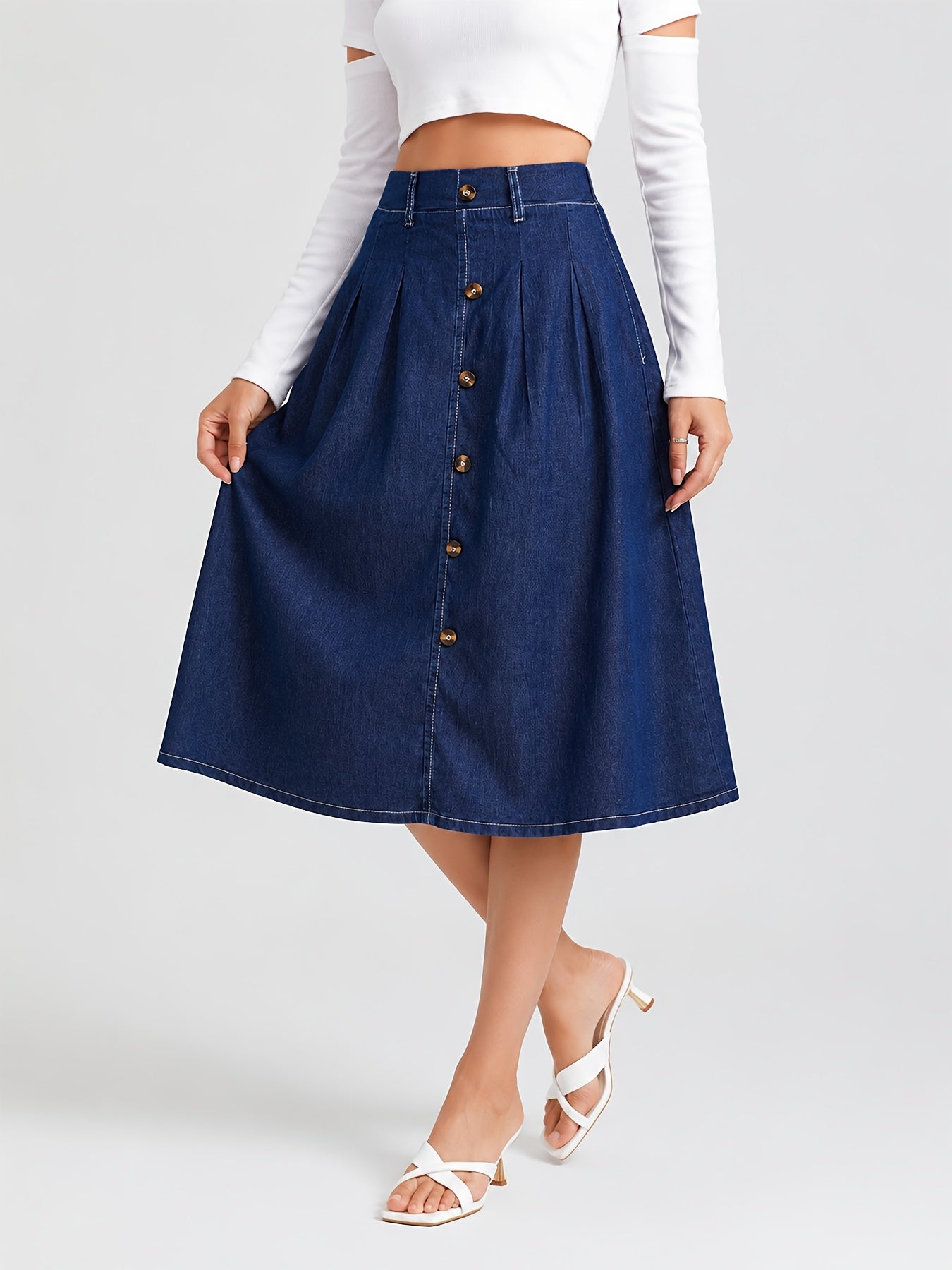 Falda Midi de Mezclilla Azul Medio para Mujeres con Botones Frontales Estilo A Plisado