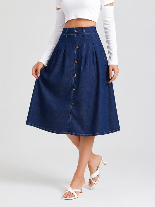 Falda Midi de Mezclilla Azul Medio para Mujeres con Botones Frontales Estilo A Plisado