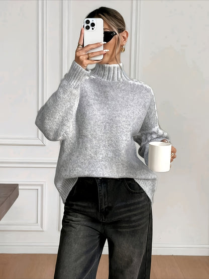 Suéter Gris Marlado Cómodo para Mujeres con Cuello Alto y Mangas Largas, Estilo Relajado y Oversized