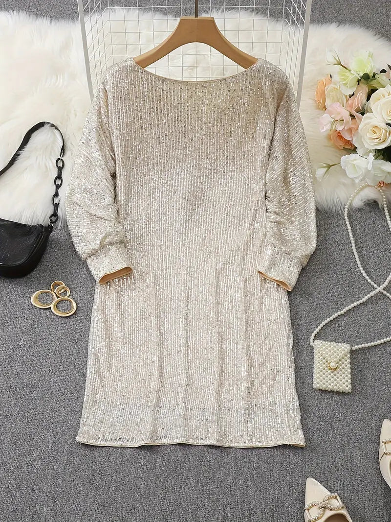 Elegante Vestido Mini de Lentejuelas para Mujeres con Manga Murciélago Descubierta Cuerpo Ajustado Brillante Estilo Formal para Fiestas