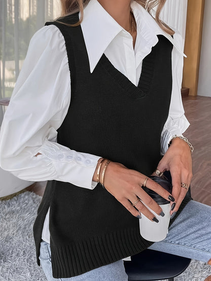 Chaleco de Punto Acanalado Cómodo para Mujeres con Cuello en V, Sin Mangas y Estilo Relajado y Oversized