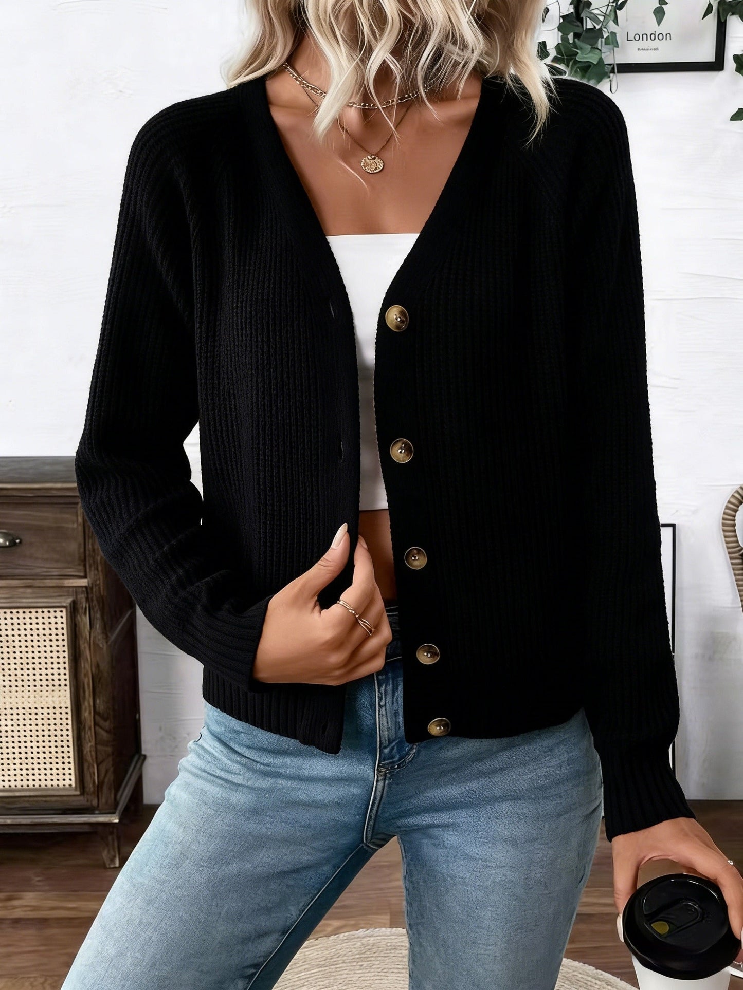 Cárdigan de Punto Acanalado Cómodo para Mujeres con Cuello en V, Manga Larga, Botones Frontal, Estilo Relajado y Corto