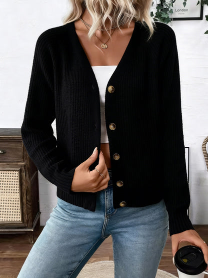 Cárdigan de Punto Acanalado Cómodo para Mujeres con Cuello en V, Manga Larga, Botones Frontal, Estilo Relajado y Corto
