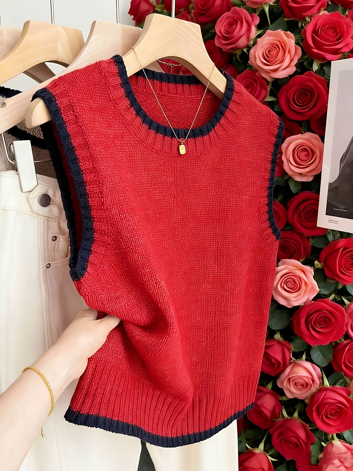 Chaleco de Suéter de Contraste Cómodo para Mujeres con Cuello Redondo, Sin Mangas, dobladillo Acanalado, Estilo Oversized
