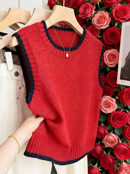 Chaleco de Suéter de Contraste Cómodo para Mujeres con Cuello Redondo, Sin Mangas, dobladillo Acanalado, Estilo Oversized