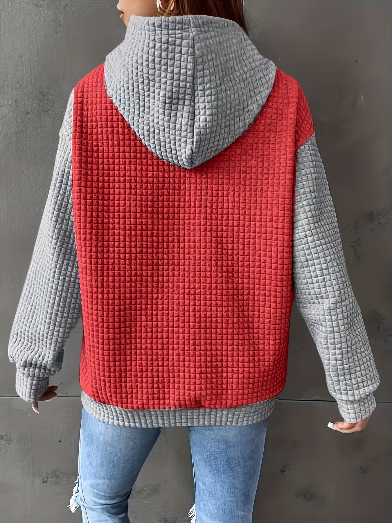 Sudadera de punto waffle color bloque cómoda para mujeres con capucha ajustable, manga larga y bolsillo canguro, estilo oversized