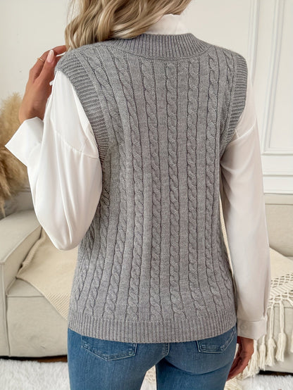 Chaleco de Punto de Cable Gris Cómodo para Mujeres con Escote en V Sin Mangas y Estilo Relajado