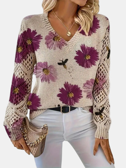 Suéter de Ganchillo Floral Cómodo para Mujeres con Cuello en V y Mangas de Globo, Estilo Oversized