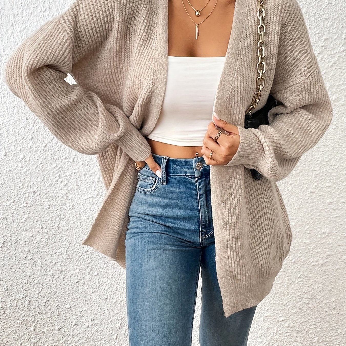 Suéter Cardigan Cómodo Amarillo Claro para Mujeres con Manga Globo y Estilo Oversized de Tejido