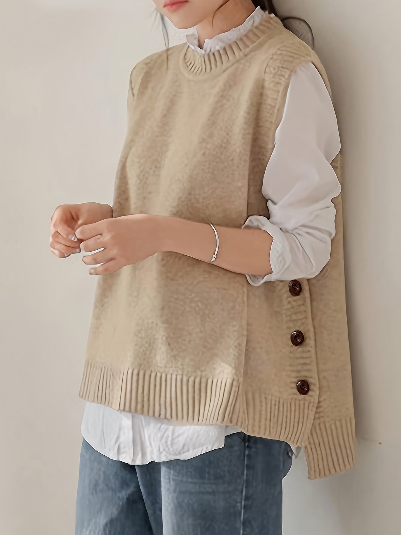 Chaleco de Punto Acanalado Cómodo para Mujeres con Cuello Alto Sin Mangas y Estilo Relajado con Botones Lateral