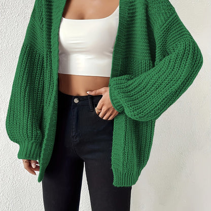 Cárdigan de Punto Grueso Cómodo para Mujeres con Frente Abierto y Mangas Globo, Estilo Oversized y Relajado