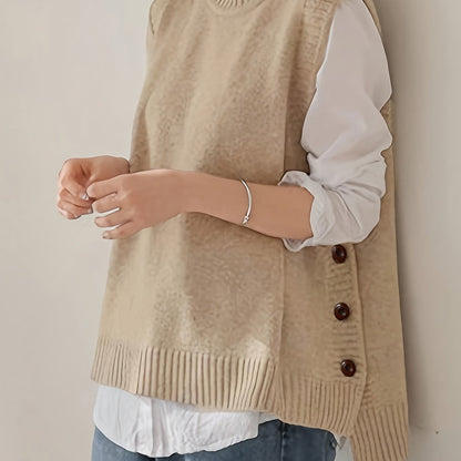 Chaleco de Punto Acanalado Cómodo para Mujeres con Cuello Alto Sin Mangas y Estilo Relajado con Botones Lateral