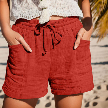 Pantalones Cortos de Algodón Texturizado para Mujeres con Cintura Alta, Cinturilla Ajustable y Dobladillo Acampanado Estilo Casual