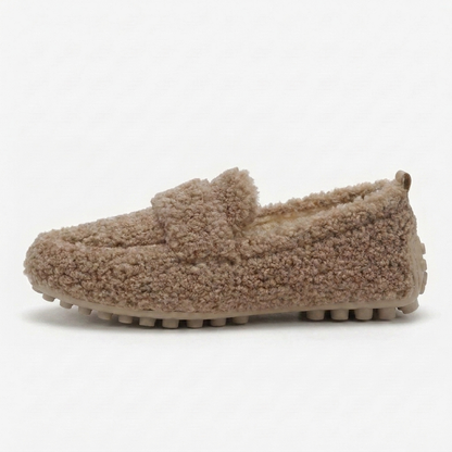Zapatos de Casa Cómodos para Mujeres con Parte Superior de Piel Sintética Rizada, Estilo Mocasín, Suela de Goma, Slip On