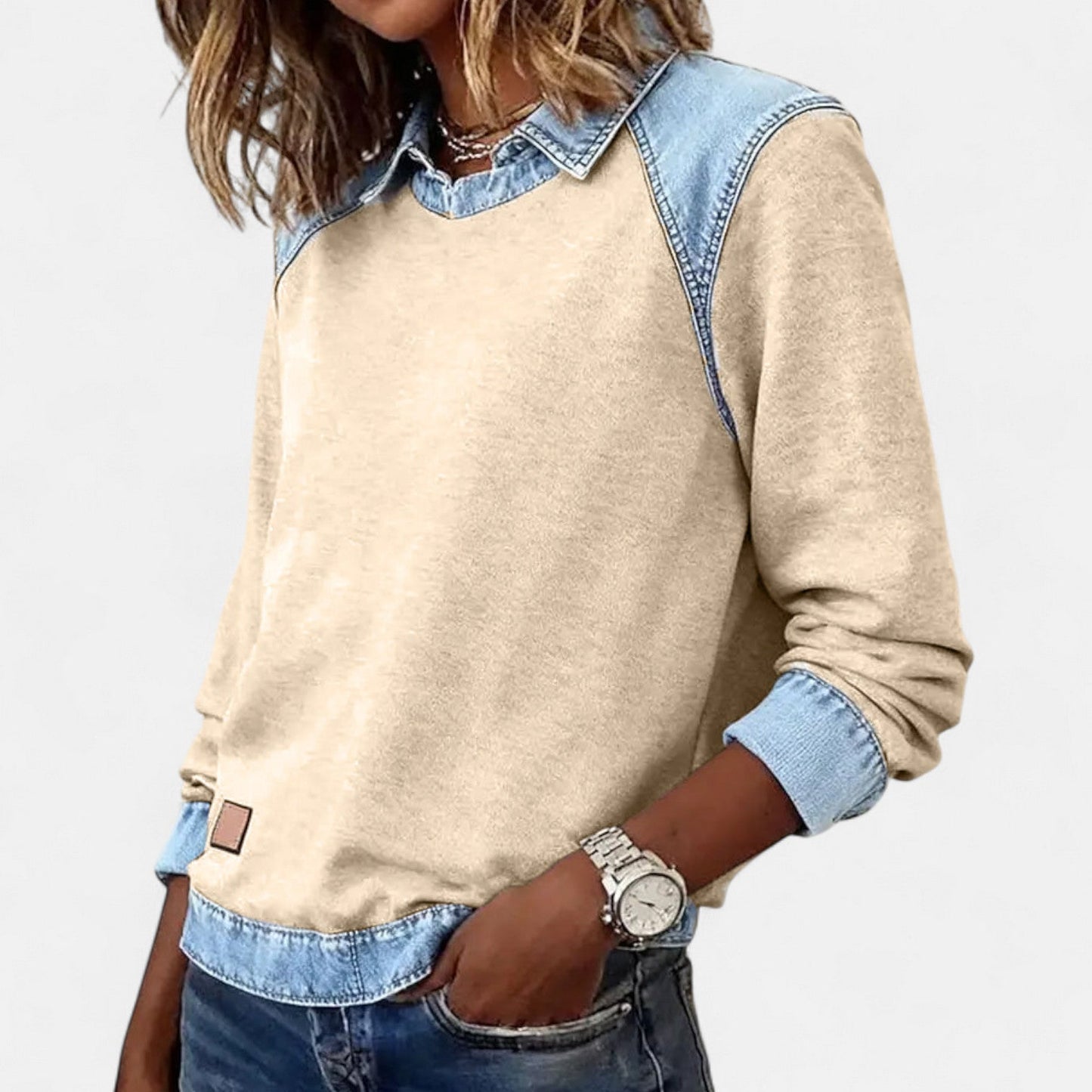 Sudadera de mezclilla color bloque sin esfuerzo para mujeres con cuello y mangas raglán largas de contraste estilo casual