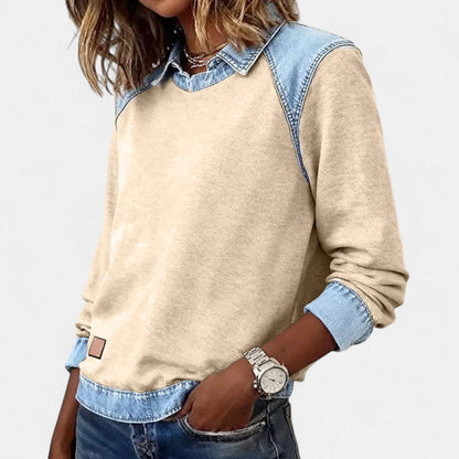 Sudadera de mezclilla color bloque sin esfuerzo para mujeres con cuello y mangas raglán largas de contraste estilo casual