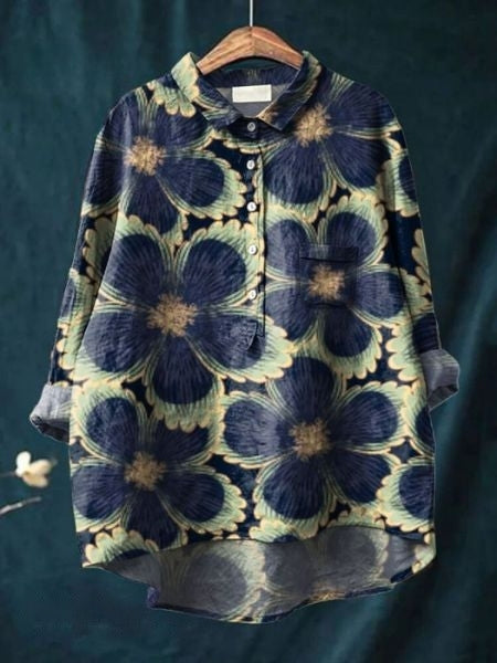 Blusa de Lino Floral Sin Esfuerzo para Mujeres con Cuello, Manga Larga, Botones en la Parte Frontal y Estilo de Dobladillo Alto-Bajo