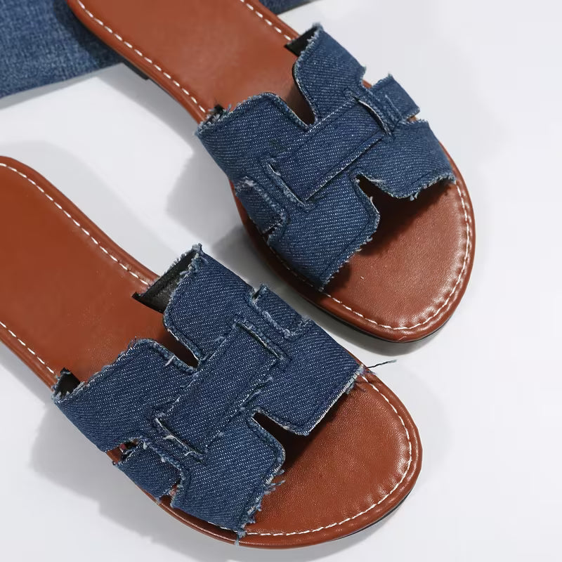 Sandalias Planas Cómodas para Mujeres con Tira Ancha Recortada Estilo Abierto