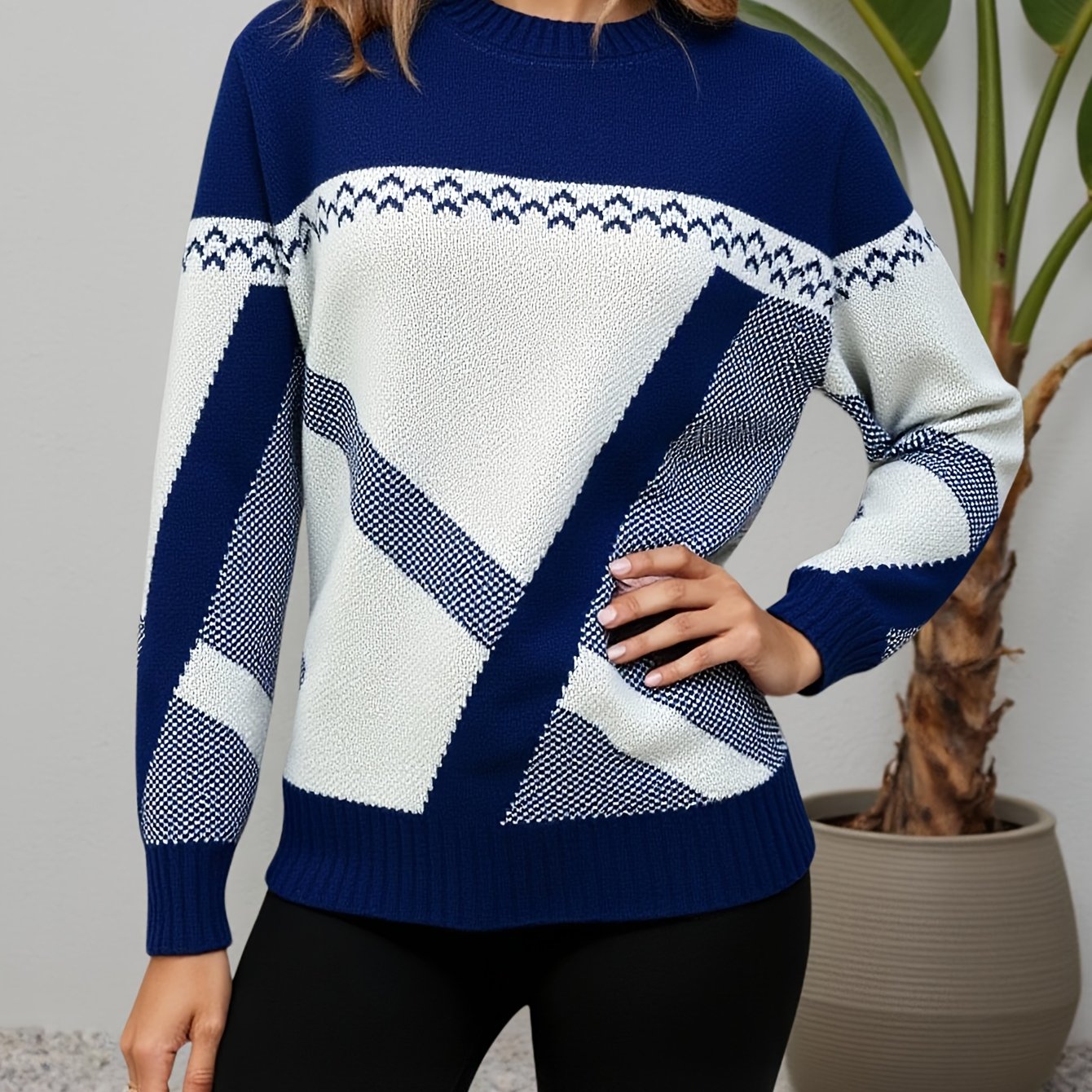 Suéter Geométrico Colorblock Cómodo para Mujeres con Cuello Redondo, Manga Larga, Estilo Relajado y Oversized