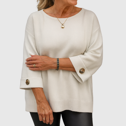 Suéter de Punto Acanalado Cómodo para Mujeres con Cuello Redondo, Mangas de Codo y Puño con Botón en Estilo Relajado y Oversized
