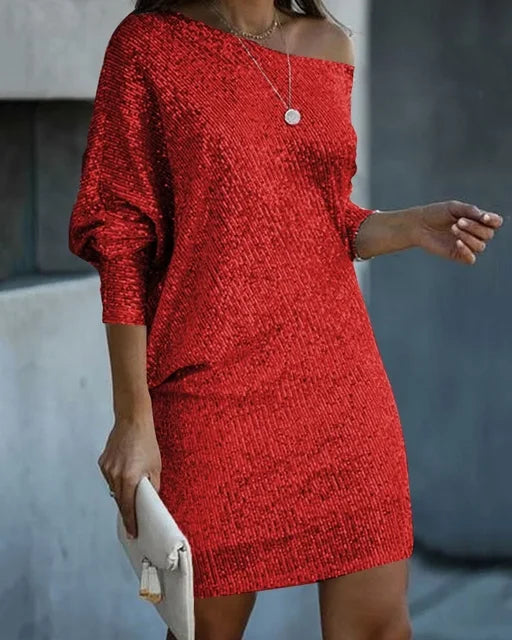 Elegante Vestido Mini de Lentejuelas para Mujeres con Manga Murciélago Descubierta Cuerpo Ajustado Brillante Estilo Formal para Fiestas