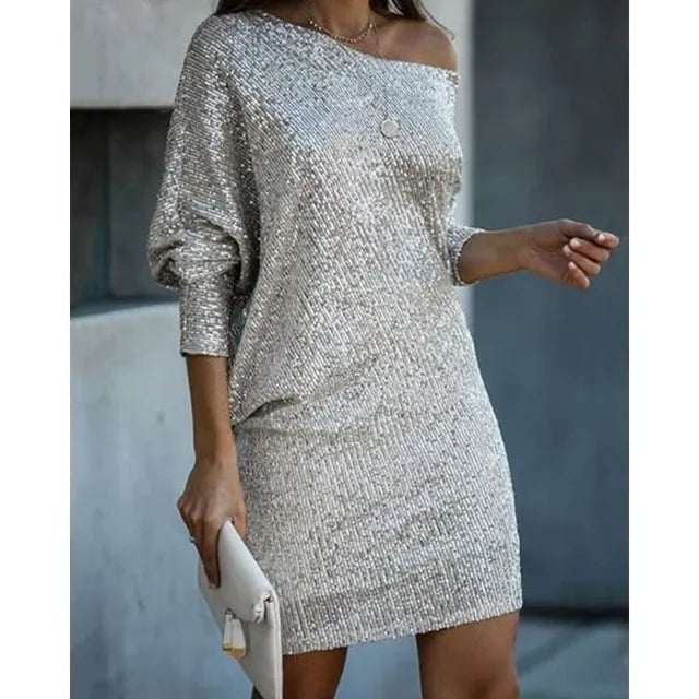 Elegante Vestido Mini de Lentejuelas para Mujeres con Manga Murciélago Descubierta Cuerpo Ajustado Brillante Estilo Formal para Fiestas
