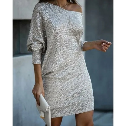 Elegante Vestido Mini de Lentejuelas para Mujeres con Manga Murciélago Descubierta Cuerpo Ajustado Brillante Estilo Formal para Fiestas