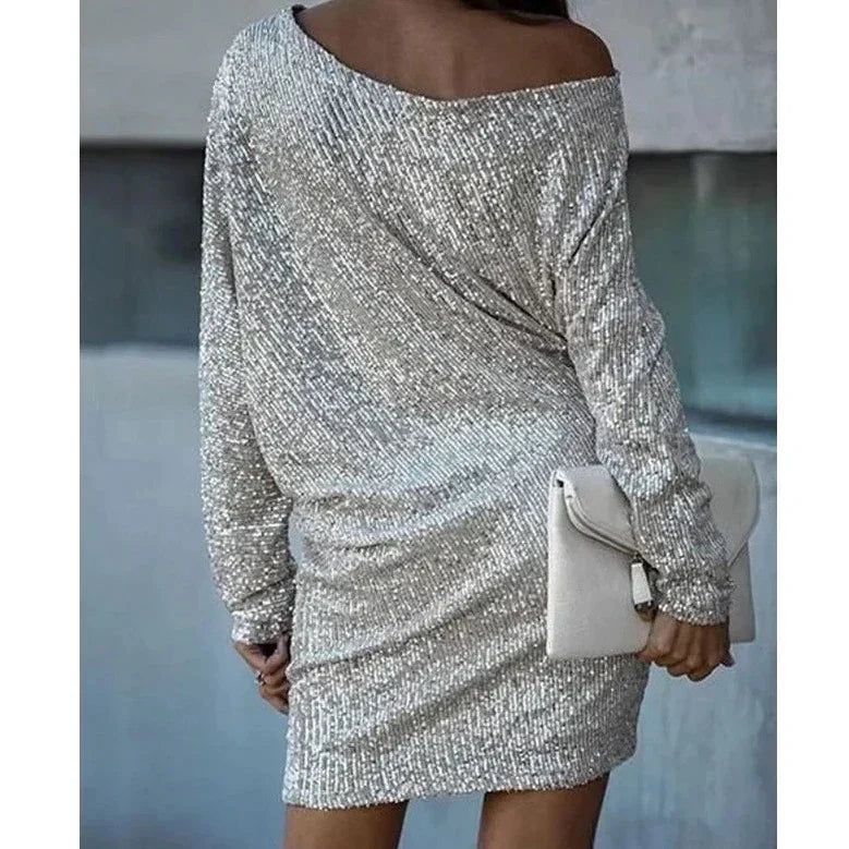 Elegante Vestido Mini de Lentejuelas para Mujeres con Manga Murciélago Descubierta Cuerpo Ajustado Brillante Estilo Formal para Fiestas