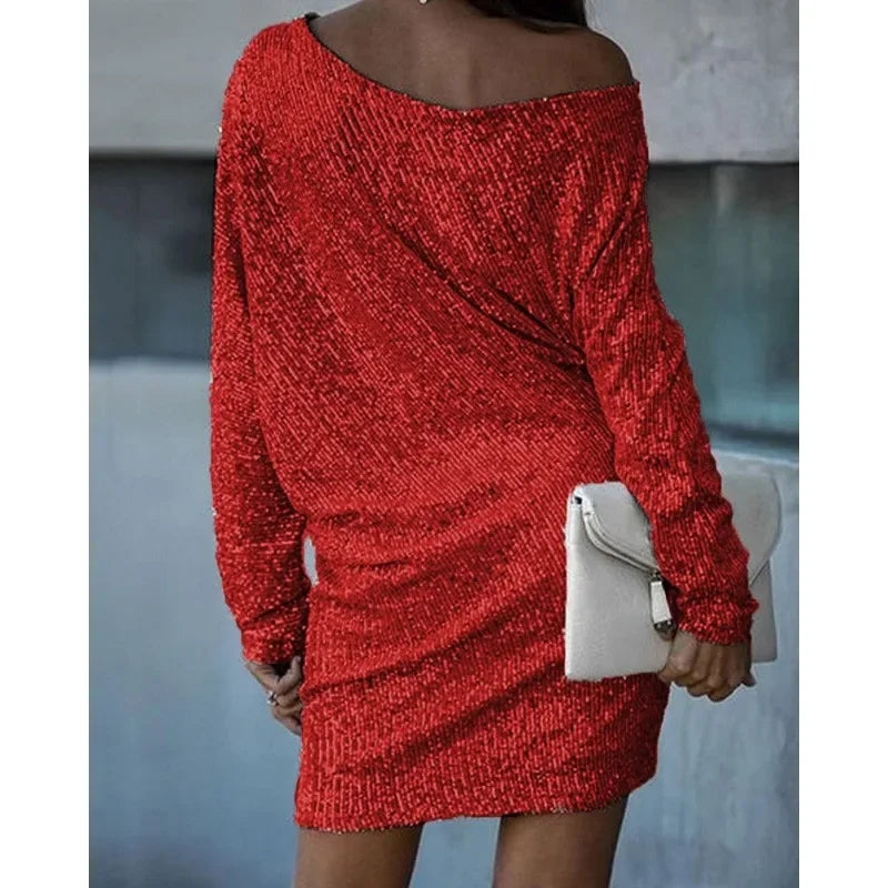 Elegante Vestido Mini de Lentejuelas para Mujeres con Manga Murciélago Descubierta Cuerpo Ajustado Brillante Estilo Formal para Fiestas
