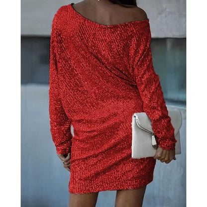 Elegante Vestido Mini de Lentejuelas para Mujeres con Manga Murciélago Descubierta Cuerpo Ajustado Brillante Estilo Formal para Fiestas