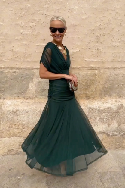 Vestido Maxi Verde Elegante para Mujeres con Escote en V Cruzado, Manga Corta, Fruncido y Fluido, Estilo Formal para Invitadas de Boda