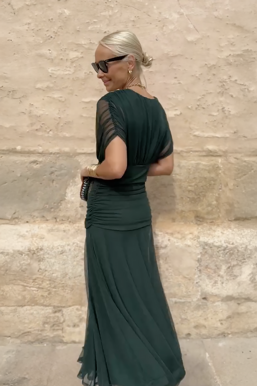 Vestido Maxi Verde Elegante para Mujeres con Escote en V Cruzado, Manga Corta, Fruncido y Fluido, Estilo Formal para Invitadas de Boda