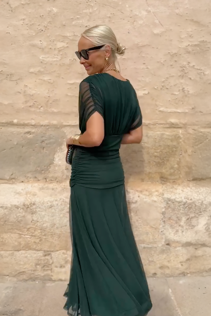 Vestido Maxi Verde Elegante para Mujeres con Escote en V Cruzado, Manga Corta, Fruncido y Fluido, Estilo Formal para Invitadas de Boda