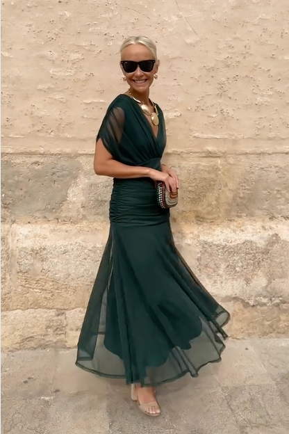 Vestido Maxi Verde Elegante para Mujeres con Escote en V Cruzado, Manga Corta, Fruncido y Fluido, Estilo Formal para Invitadas de Boda