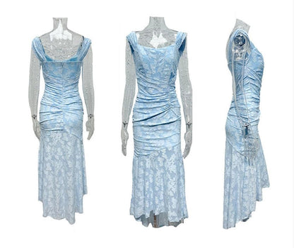 Vestido de Sirena Elegante de Encaje para Mujeres con Escote Cuadrado, Sin Mangas, Corsé, y Detalles Fruncidos para Invitadas a Bodas