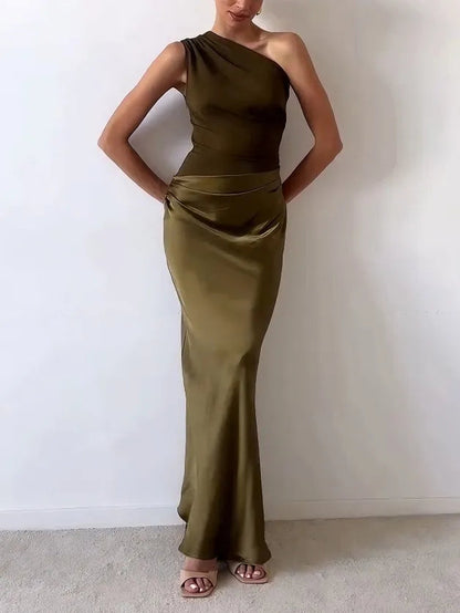Elegante Vestido Maxi de Satén para Mujeres con Un Hombro, Drapado y Estilo Sirena para la Noche