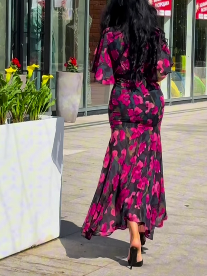 Vestido Maxi Floral Negro Elegante para Mujeres con Escote en V, Manga Corta y Cinturón, Estilo Fluido