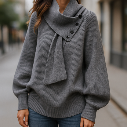 Suéter de Punto Cómodo para Mujeres con Cuello Asimétrico, Manga Murciélago, Detalle de Botón y Estilo Relajado
