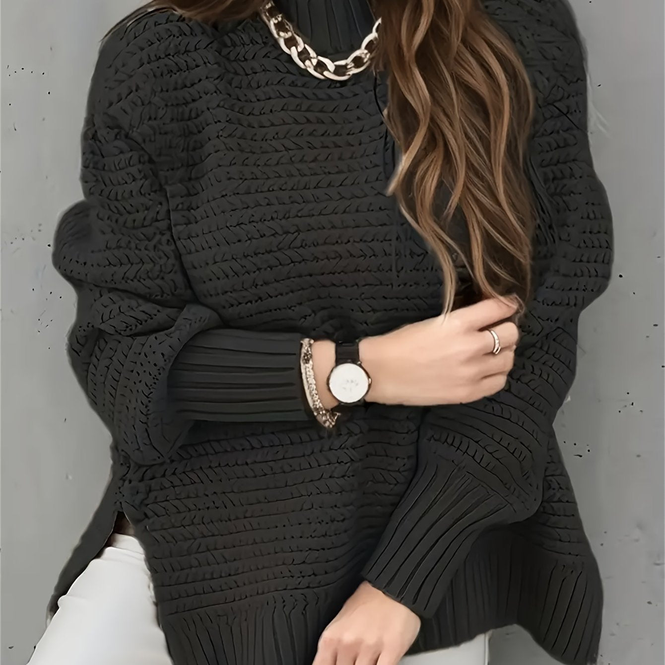Suéter de Punto Texturizado Cómodo para Mujeres con Cuello Alto y Manga Larga en Estilo Relajado y Oversized