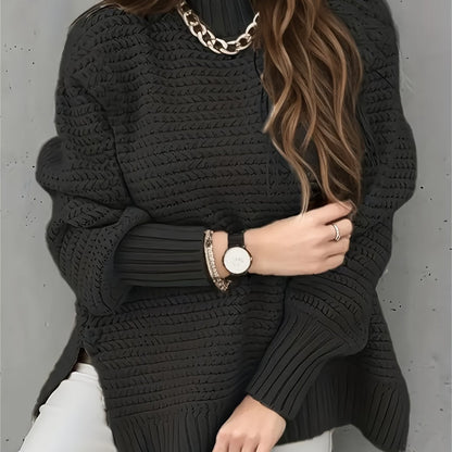 Suéter de Punto Texturizado Cómodo para Mujeres con Cuello Alto y Manga Larga en Estilo Relajado y Oversized