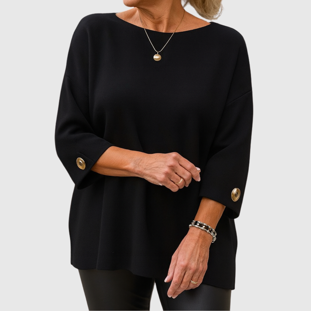 Suéter de Punto Acanalado Cómodo para Mujeres con Cuello Redondo, Mangas de Codo y Puño con Botón en Estilo Relajado y Oversized
