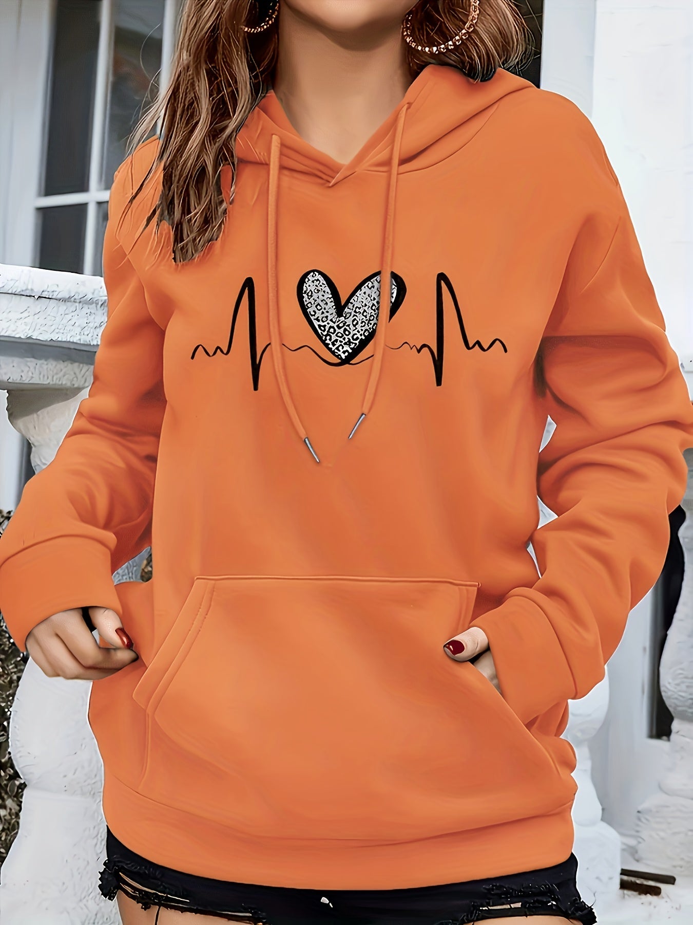 Sudadera con estampado de latido del corazón cómoda para mujeres con capucha ajustable, manga larga, bolsillo canguro, estilo oversize