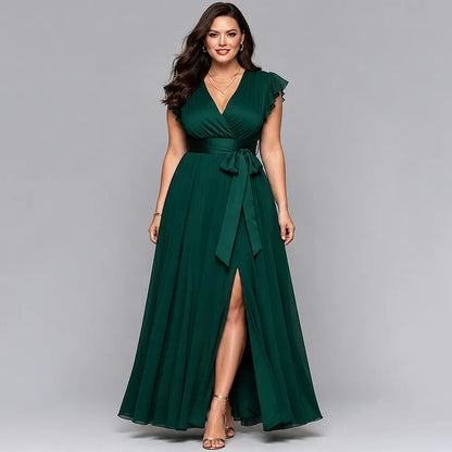 Elegante Vestido Maxi de Chiffon Verde Oscuro para Mujeres con Escote en V, Mangas de Volante y Cintura Ajustada, Estilo Formal para Invitadas de Boda