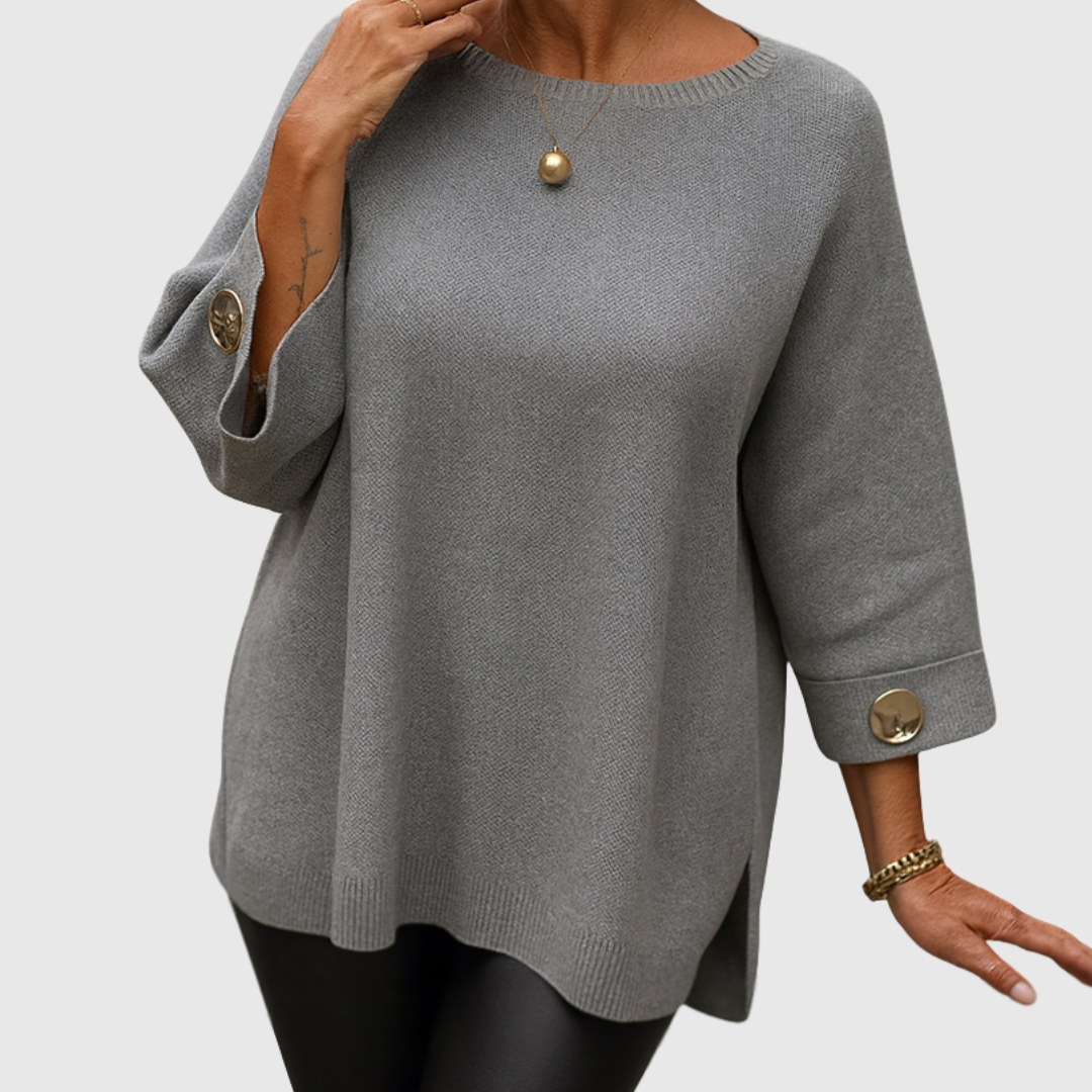 Suéter de Punto Acanalado Cómodo para Mujeres con Cuello Redondo, Mangas de Codo y Puño con Botón en Estilo Relajado y Oversized