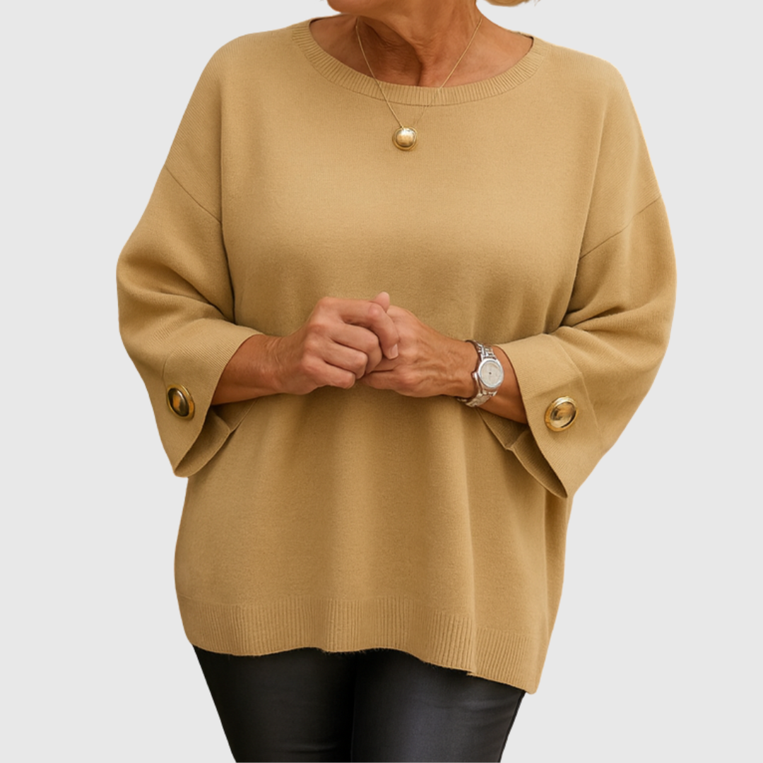 Suéter de Punto Acanalado Cómodo para Mujeres con Cuello Redondo, Mangas de Codo y Puño con Botón en Estilo Relajado y Oversized