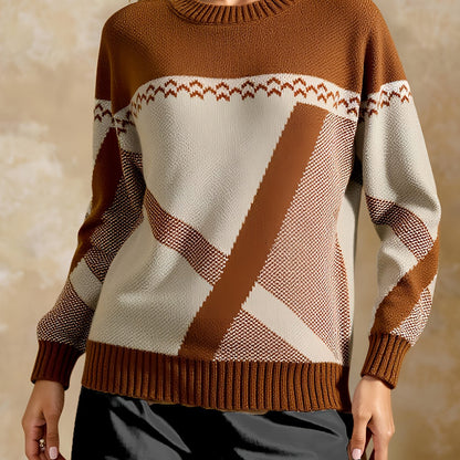 Suéter Geométrico Colorblock Cómodo para Mujeres con Cuello Redondo, Manga Larga, Estilo Relajado y Oversized